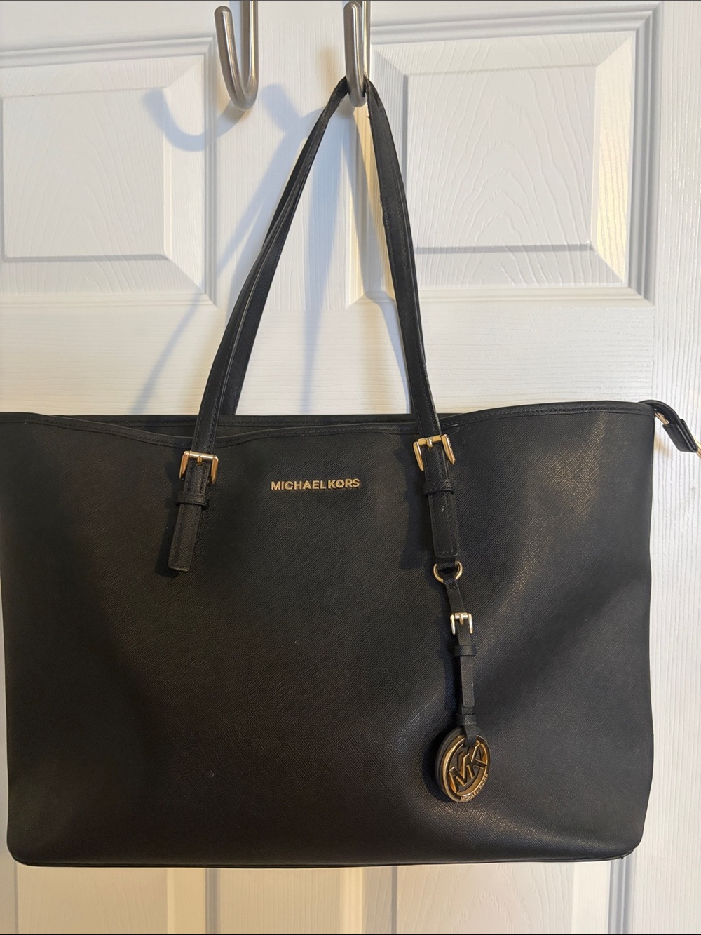 Michael Kors Black Leather Double-Handle Tote with MK Charm
